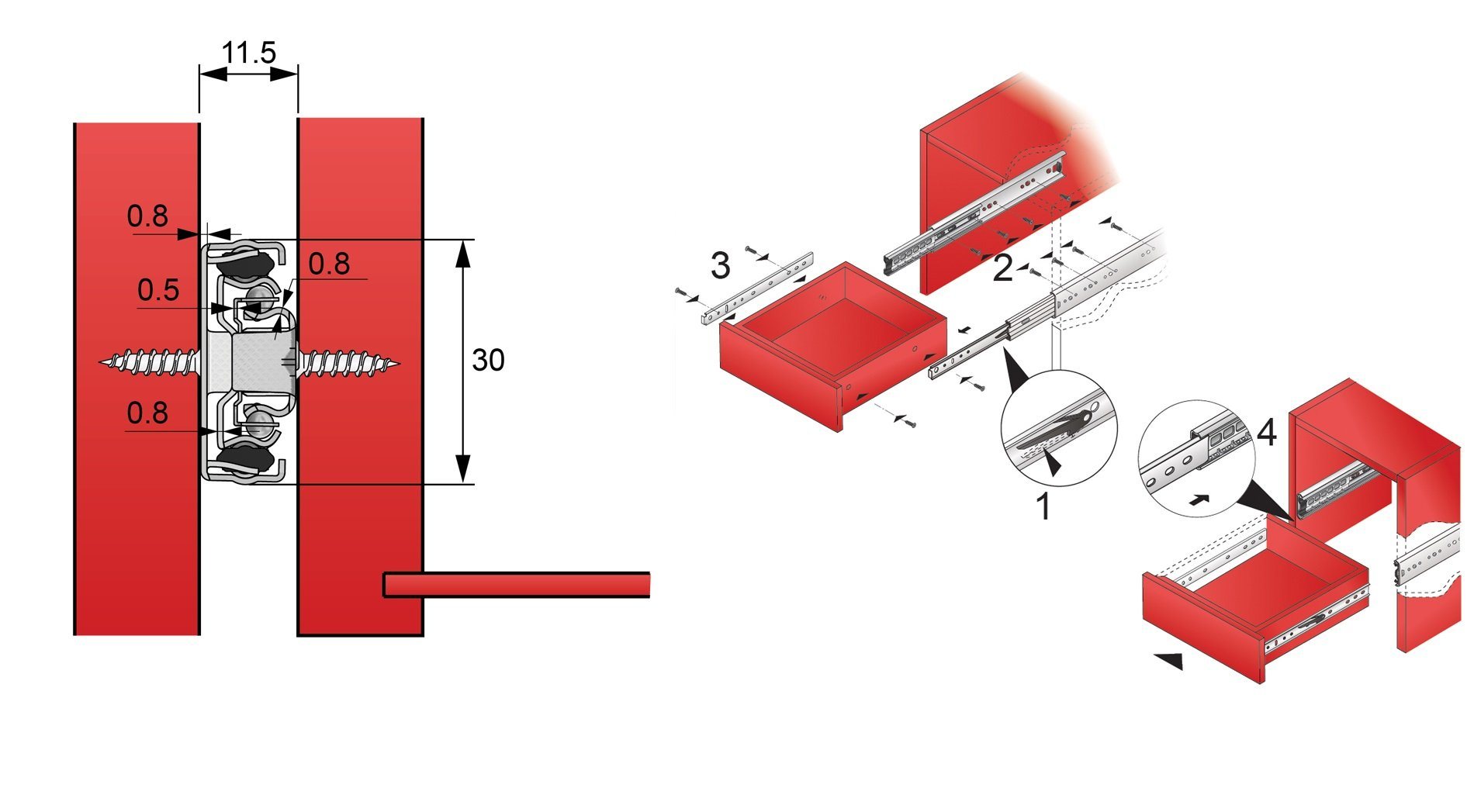 Set of Ball Bearing Slides (left and right), H30 Furnica 