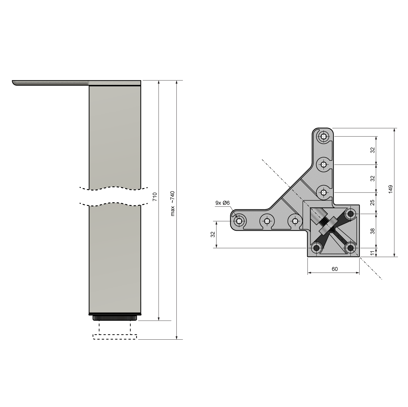 Square Furniture Leg 710mm, Aluminum, ZnAl Mounting Plate Furnica 