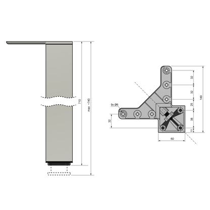 Square Furniture Leg 710mm, Aluminum, ZnAl Mounting Plate Furnica 