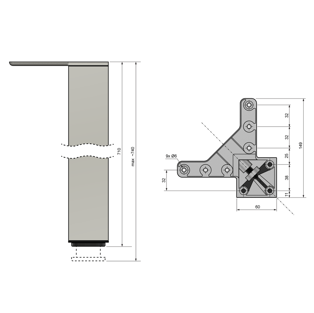 Square Furniture Leg 710mm, Aluminum, ZnAl Mounting Plate