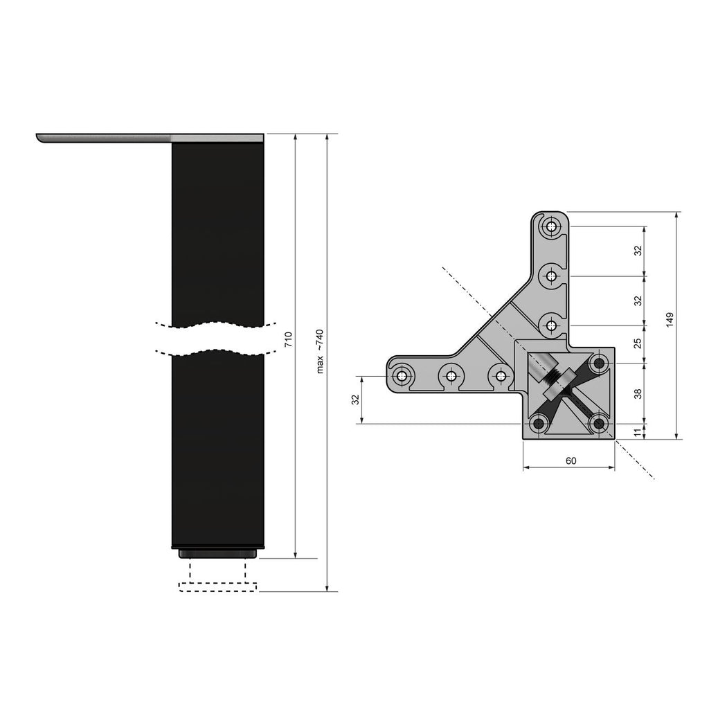 Square Furniture Leg 710mm, Black, ZnAl Mounting Plate