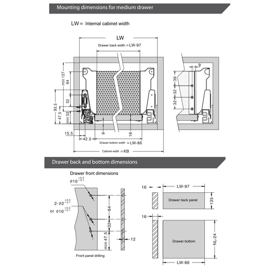 Set of Soft-Close Drawer System, MEDIUM, H: 142mm, Silver