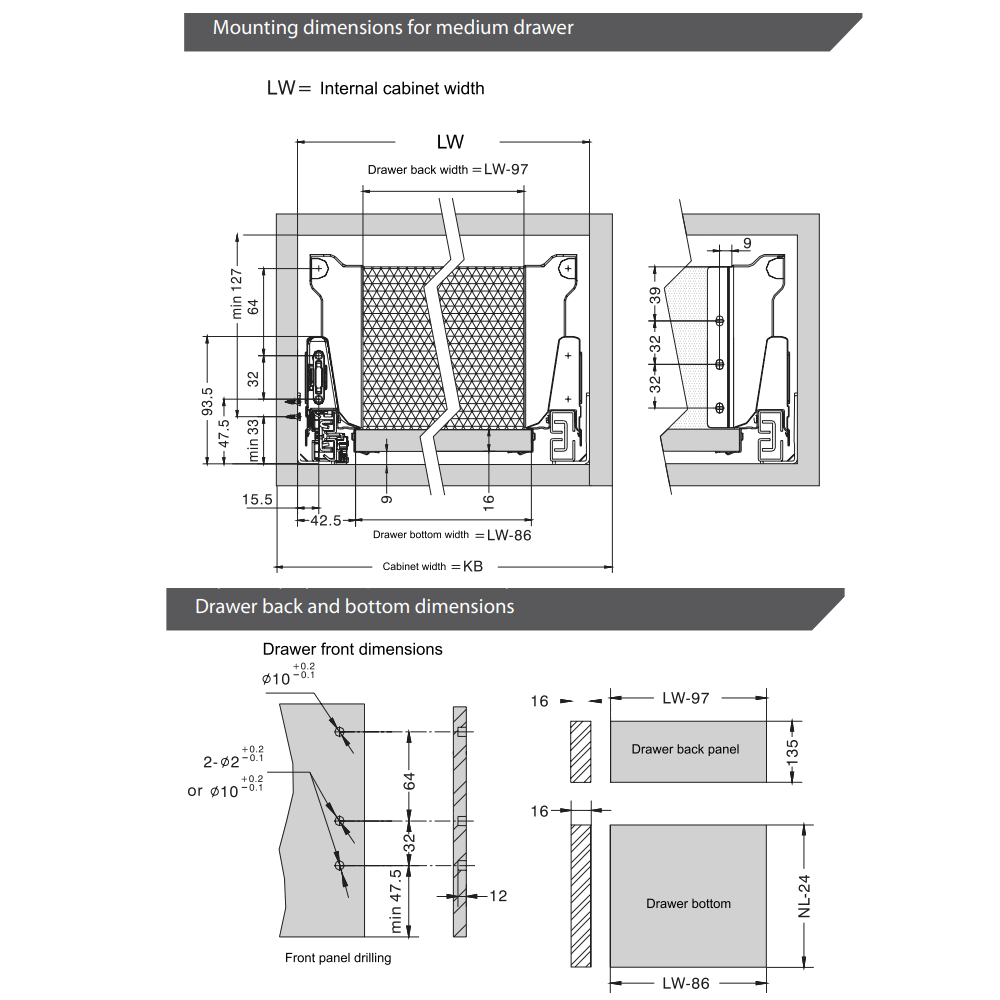 Soft-Close Drawer System, MEDIUM, H: 142mm, White 350mm