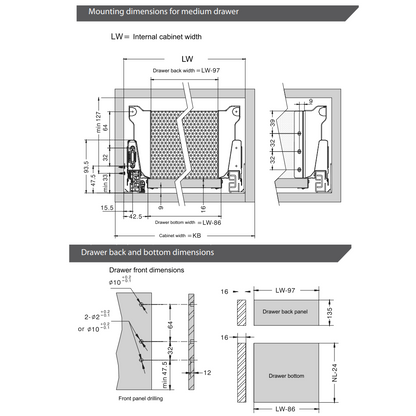 Soft-Close Drawer System, MEDIUM, H: 142mm, White 350mm