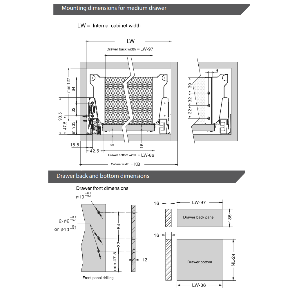 Soft-Close Drawer System, MEDIUM, H: 142mm, Silver 650mm
